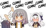  2girls bare_shoulders baseball_bat black_hairband black_jacket blue_bow blush bow chibi commentary firefly_(honkai:_star_rail) grey_hair hair_bow hairband highres hinghoi holding holding_baseball_bat honkai:_star_rail honkai_(series) jacket long_hair multiple_girls nose_blush open_clothes open_jacket shirt short_sleeves simple_background stelle_(honkai:_star_rail) trailblazer_(honkai:_star_rail) trash_can white_background white_hair white_shirt yellow_eyes 