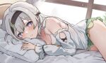  1girl bare_legs bare_shoulders bed bed_sheet black_bow black_hairband blush bow breasts cleavage closed_mouth collarbone double-parted_bangs firefly_(honkai:_star_rail) frilled_panties frilled_shorts frills green_shorts grey_hair hair_between_eyes hair_bow hair_ribbon hairband highres honkai:_star_rail honkai_(series) indoors long_eyelashes long_hair looking_at_viewer lying multicolored_eyes negligee on_bed on_side pajamas panties pillow ribbon shirt short_shorts shorts smile solo sunlight tabitsuki thighs underwear white_shirt window 