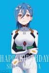  1girl absurdres artist_name ayanami_rei ayanami_rei_(cosplay) blue_background blue_hair bodysuit breasts character_name closed_mouth commentary cosplay dated english_commentary english_text frown hair_between_eyes happy_birthday highres looking_at_viewer love_live! love_live!_superstar!! medium_breasts neon_genesis_evangelion orange_eyes short_hair solo standing truffadeazalea upper_body wakana_shiki white_bodysuit 