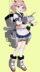  :d apron blue_skirt border green_background grey_footwear hair_bobbles hair_ornament highres kantai_collection kneehighs pink_eyes pink_hair pleated_skirt puffy_short_sleeves puffy_sleeves rabbit sazanami_(kancolle) sazanami_kai_(kancolle) school_uniform serafuku short_sleeves simple_background skirt smile smokestack socks tara_reba torpedo_tubes twintails white_apron white_border white_socks 