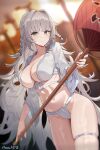  1girl absurdres alternate_costume artist_name azur_lane black_eyes blurry blurry_background braid breasts cleavage closed_mouth commentary_request commission cropped_shirt depth_of_field fundoshi grey_hair hand_fan highres holding holding_staff japanese_clothes large_breasts light_blush long_hair long_sleeves looking_at_viewer maanu midriff paper_fan pixiv_commission shiny_skin shirt skindentation smile solo staff stomach thick_thighs thigh_strap thighs twin_braids uchiwa upper_body very_long_hair vittorio_veneto_(azur_lane) white_shirt 