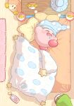  1boy alarm_clock bed blanket character_doll clock closed_eyes drooling hat highres indoors kirby kirby_(series) nightcap ripptowe6p saliva sleeping solo waddle_dee 