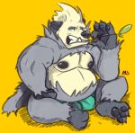  2019 anthro belly black_fur bulge clothing fur leaf male mammal minedoo moobs navel nintendo nipples overweight overweight_male pangoro pok&eacute;mon pok&eacute;mon_(species) simple_background sitting solo teeth underwear video_games yellow_background 