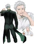  1boy 77ho bandaged_neck bandages from_behind green_jacket highres jacket multiple_views open_mouth plant school_uniform shirt short_hair smile umemiya_hajime white_hair white_shirt wind_breaker_(nii_satoru) 