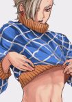  1boy adjusting_clothes animal_print argyle argyle_sweater blonde_hair cosplay crop_top earrings guido_mista guido_mista_(cosplay) jewelry jojo_no_kimyou_na_bouken male_focus midriff pannacotta_fugo red_eyes simple_background snr_gio solo sweater tiger_print 