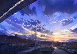  blue_sky building chain-link_fence cloud cloudy_sky condensation_trail dusk fence highres japan niko_p no_humans original outdoors plant power_lines railing road rural scenery signature sky star_(sky) starry_sky sunset telephone_pole 