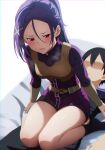  1boy 1girl absurdres bare_legs bed belt black_hair black_socks censored dress hair_ornament hairclip hetero highres kirito long_hair mito_(sao) nuguri444 on_bed ponytail purple_dress purple_hair red_eyes short_hair socks sword_art_online thighs 