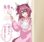  1girl animal_ears apron blue_eyes blush bowl breasts casual collarbone commentary_request flower food hair_between_eyes hair_flaps hair_flower hair_ornament highres holding holding_food horse_ears horse_girl looking_at_viewer maaaaaaaru medium_breasts medium_hair open_mouth rice_bowl sakura_chiyono_o_(umamusume) simple_background solo translation_request umamusume white_background 