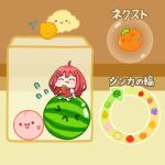  &gt;_&lt; 1girl :&lt; :t akino_ell apple arrow_(symbol) barefoot blush cantaloupe cherry chibi closed_eyes closed_mouth collared_shirt dekopon_(fruit) eating flying_sweatdrops food food_on_face fruit go-toubun_no_hanayome grapes green_skirt hair_ornament holding holding_food long_hair melon nakano_itsuki nashi_pear peach persimmon pineapple pleated_skirt red_hair shirt short_sleeves sitting skirt solo star_(symbol) star_hair_ornament strawberry suika_game sweater_vest translation_request very_long_hair watermelon wavy_mouth white_shirt 