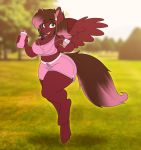  absurd_res big_breasts bottle bottomwear breasts cleavage clothed clothing earbuds equid equine exercise fan_character female green_eyes headphones hi_res ipod mammal masquerade_(oc) my_little_pony outside pterippus running shorts solo stunnerpony wings 
