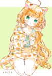  1girl ahoge animal_ear_fluff animal_ears blush cat_ears cat_girl cat_tail collarbone emo_(mikan) green_eyes hair_ornament long_hair long_sleeves loungewear original painting_(medium) simple_background sitting solo tail traditional_media wariza watercolor_(medium) 