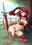  1girl adsouto alternate_costume armor ass blush breasts cleavage collarbone cow_girl_(goblin_slayer!) day english_commentary gauntlets goblin_slayer! hair_between_eyes highres large_breasts navel open_mouth outdoors red_hair revealing_clothes shield short_hair smile solo sunlight sword tagme tree weapon 