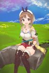  1girl :d atelier_(series) atelier_ryza belt blue_sky blush breasts brown_eyes brown_hair cloud day hair_ornament hairclip hat highres jewelry looking_at_viewer necklace open_mouth outdoors red_shorts reisalin_stout short_shorts shorts sky smile solo thighhighs thighs yokohachi 