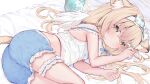  1girl angel_wings animal_ear_fluff animal_ears bare_shoulders bed_sheet blonde_hair blue_bow blue_shorts blush bow bow_hairband cat_ears cat_tail eip_(pepai) feathered_wings green_eyes hair_bow hair_ornament hairband hairclip indie_virtual_youtuber looking_at_viewer lying mini_wings nekozaki_aira on_bed on_side polka_dot polka_dot_bow shirt shorts sleeveless sleeveless_shirt solo tail thigh_strap white_hairband white_shirt wings 