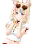  1girl absurdres ahoge animal_ear_fluff animal_ears black_choker black_hair blonde_hair blue_hair blush bracelet choker closed_mouth commentary_request eyewear_on_head fox_ears fox_girl glasses hands_on_own_face hands_up heart heart-shaped_eyewear heart-shaped_pupils heart_choker highres hololive jewelry kai_otk long_hair looking_at_viewer midriff multicolored_hair multiple_bracelets multiple_necklaces navel official_alternate_costume official_alternate_hairstyle omaru_polka omaru_polka_(5th_costume) opaque_glasses outline pink_hair purple_eyes red-tinted_eyewear shirt short_sleeves simple_background smile solo streaked_hair sunglasses symbol-shaped_pupils t-shirt tinted_eyewear upper_body virtual_youtuber white_background white_outline white_shirt 