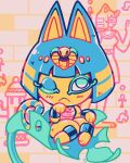 2021 ;&lt; animal_crossing ankh ankha_(animal_crossing) anthro armor armwear bangs blue_armwear blue_clothing blue_ears blue_eyelids blue_hair blue_legwear bob_cut chocovania clothing digital_drawing_(artwork) digital_media_(artwork) domestic_cat felid feline felis female gyroid hair hi_res hieroglyphics leaf legwear looking_up mammal markings mouth_closed nintendo one_eye_closed sitting solo striped_markings striped_tail stripes tail tail_markings uraeus vambrace wraps yellow_body yellow_face yellow_inner_ear