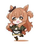  1girl :d absurdres animal_ears black_ribbon blush_stickers brown_eyes brown_footwear brown_hair brown_thighhighs chibi colored_shadow commentary dog_tags ear_ribbon full_body green_jacket hair_between_eyes highres horse_ears horse_girl horse_tail jacket long_sleeves looking_at_viewer mayano_top_gun_(umamusume) midriff nozo_(hitomiz) open_clothes open_jacket puffy_long_sleeves puffy_sleeves ribbon shadow shoes shorts simple_background sleeves_past_wrists smile solo standing standing_on_one_leg tail teeth thighhighs two_side_up umamusume upper_teeth_only white_background white_shorts 