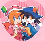  1boy 1girl black_hair blackypng blue_eyes blue_hat bracelet brown_eyes brown_hair furry furry_male gloves hat heart heart_hands heart_hands_duo highres jewelry kaze_no_klonoa klonoa lolo_(klonoa) long_hair open_mouth twitter_username white_hair yellow_gloves 