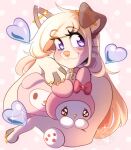 2023 :3 abstract_background anthro blonde_hair canid canine canis choker closed_smile crescent_moon domestic_dog ear_piercing female ferwanwan hair industrial_piercing jewelry mammal moon mouth_closed my_melody necklace onegai_my_melody piercing pink_theme plushie purple_eyes sanrio smile solo sparkles