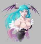  1girl aqua_eyes aqua_hair artist_name bare_shoulders black_leotard breasts bridal_gauntlets collarbone dated grey_background head_wings highres hoshinagi_2723 leotard long_hair looking_at_viewer morrigan_aensland smile solo strapless strapless_leotard vampire_(game) wings 