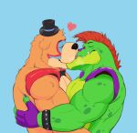  2boys animal_ears bara bear_ears blaze_(bl4z3blaze) bracelet breath brown_hair five_nights_at_freddy&#039;s five_nights_at_freddy&#039;s:_security_breach foreplay freddy_fazbear french_kiss from_side furry furry_male furry_with_furry glamrock_freddy gregory_(fnaf) hat heart highres hop_on_among_us_(meme) hug jewelry kiss male_focus meme mini_hat multiple_boys muscular muscular_male mutual_hug pectorals profile reptile_boy short_hair spiked_bracelet spikes textless_version thick_eyebrows top_hat tusks upper_body yaoi 