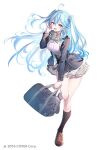  1girl ahoge bag black_bag blue_hair elf full_body hand_up holding holding_bag hololive long_hair looking_at_viewer open_mouth pointy_ears riichu simple_background smile standing standing_on_one_leg two_side_up virtual_youtuber white_background yellow_eyes yukihana_lamy 