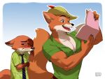 anthro biceps black_claws black_finger_claws canid canine cheek_tuft claws clothed clothing crossover disney duo ears_down embarrassed facial_tuft fangs fox fur gloves_(marking) green_clothing green_topwear holding_object mammal markings necktie nick_wilde open_mouth open_smile orange_body orange_ears orange_fur pattern_necktie pecs pivoted_ears popodunk red_tongue robin_hood robin_hood_(disney) size_difference smile striped_necktie teeth tongue topwear tuft zootopia