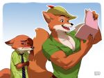  anthro biceps black_claws black_finger_claws canid canine cheek_tuft claws clothed clothing crossover disney duo ears_down embarrassed facial_tuft fangs fox fur gloves_(marking) green_clothing green_topwear holding_object mammal markings necktie nick_wilde open_mouth open_smile orange_body orange_ears orange_fur pattern_necktie pecs pivoted_ears popodunk red_tongue robin_hood robin_hood_(disney) size_difference smile striped_necktie teeth tongue topwear tuft zootopia 