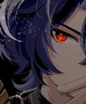  1boy black_background black_shirt blue_hair close-up collared_shirt dr._ratio_(honkai:_star_rail) hair_between_eyes highres honkai:_star_rail honkai_(series) male_focus red_eyes shirt short_hair solo sparkle sparkling_eyes yuuzatta 