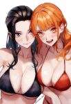  2girls :d bikini black_bikini black_hair blue_eyes breasts cleavage collarbone english_commentary forehead highres large_breasts long_hair looking_at_viewer mixed-language_commentary multiple_girls nami_(one_piece) nico_robin one_piece orange_eyes orange_hair red_bikini shoulder-to-shoulder smile swimsuit twitter_username vcais white_background 