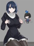  2girls absurdres alternate_costume animal animal_on_head bird black_dress black_eyes black_hair black_keys_(type-moon) black_pantyhose blue_bird blue_dress blue_eyes blue_hair chibi ciel_(tsukihime) ciel_(tsukihime)_(cosplay) commentary cosplay costume_switch crossover dress dual_wielding english_commentary grey_background habit highres holding holding_sword holding_weapon jonyeld juliet_sleeves kuonji_alice kuonji_alice_(cosplay) long_hair long_sleeves lost_robin_rondo mahou_tsukai_no_yoru multiple_girls on_head pantyhose puffy_sleeves short_hair simple_background sitting sword tsukihime tsukihime_(remake) weapon 