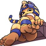  animal_crossing ankha_(animal_crossing) anthro bee_haji blue_hair breasts clothing crossed_legs domestic_cat feet felid feline felis female fur hair looking_at_viewer looking_down mammal nintendo panties panty_peek shirt sitting solo topwear under_boob underwear yellow_body yellow_fur 