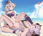  asymmetrical_legwear azusa_(summer)_(granblue_fantasy) beach bikini blue_eyes blue_sky braid braided_ponytail breasts cleavage cloud commission double_bun draph flower frilled_bikini frills granblue_fantasy grey_hair hair_bun hair_flower hair_ornament hair_over_one_eye highres horns iiros large_breasts long_hair looking_at_viewer narmaya_(granblue_fantasy) narmaya_(summer)_(granblue_fantasy) navel ocean official_alternate_costume official_alternate_hairstyle outdoors pointy_ears purple_bikini purple_flower red_eyes sky smile swimsuit tribadism uneven_legwear white_bikini yuri 