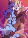 absurd_res blue_body blue_eyes blue_fur bong brown_body brown_fur drugs duo fangs faux_grey felid fur green_eyes hi_res highlights_(coloring) kiyoto_yote krowkaws male male/male mammal marijuana pink_highlights purple_highlights saber-toothed_tiger sabertooth_(anatomy) sergal smoke smoke_from_mouth teeth