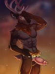  abs anthro antlers balls bell belt brown_fur capreoline cerbera cervid cervine erection fur hi_res horn humanoid_penis hybrid_penis knot male mammal muscular muscular_male neck_tuft nude penis reindeer short_tail smile solo standing tuft yellow_eyes 