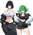  1girl alternate_costume black_hair black_jacket black_pants breasts curly_hair english_commentary flipped_hair fubuki_(one-punch_man) green_eyes green_hair hands_in_pockets hands_on_own_hips highres jacket jewelry large_breasts looking_at_viewer midriff multicolored_clothes multicolored_jacket navel necklace off_shoulder one-punch_man pants rakeemspoon short_hair siblings sisters small_breasts sports_bra sweatpants tatsumaki two-tone_jacket white_background white_jacket white_sports_bra 