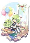  1girl animal animal_ears balloon blue_eyes book book_stack bush cat_ears cat_girl chibi dress fence fox green_hair holding holding_book ikusabe_lu long_sleeves looking_at_viewer mary_janes mini_person minigirl open_mouth original shoes short_hair sitting smile socks solo watering_can wind_chime 