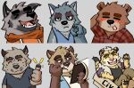 anthro bear brown_bear canid canine canis clothing dave_(password) dean_(password) gesture group hand_gesture hoodie hyena male mammal meme password_(visual_novel) pattern_clothing pattern_shirt pattern_topwear plaid plaid_clothing plaid_shirt plaid_topwear pointing pointing_at_viewer rominwolf shirt sticker sticker_pack striped_hyena topwear tyson_(password) ursine wolf