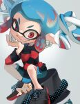  1girl black_footwear black_shorts bloblobber_(splatoon) blue_hair earrings gradient_hair grin hand_up highres inkling jewelry koike3582 light_blue_hair long_sleeves multicolored_hair pointy_ears red_eyes red_hair red_sole-chan_(splatoon) shoelaces shoes short_hair shorts simple_background sitting smile solo splatoon_(manga) splatoon_(series) striped_clothes striped_sweater sweater teeth tentacle_hair twintails two-tone_hair uneven_eyes v-shaped_eyebrows white_background 