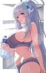  1girl absurdres bare_arms bare_shoulders blue_archive bottle breasts covered_nipples from_side grey_hair grey_sports_bra halo highres holding holding_bottle large_breasts long_hair looking_at_viewer mechanical_halo navel ni_tamago_sando noa_(blue_archive) panties ponytail purple_eyes shiny_skin sideboob solo sports_bra standing sweat underwear very_long_hair water_bottle white_halo 