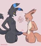 akibun anthro biped black_body black_fur blush breasts brown_body brown_fur dialogue duo eevee eeveelution erection fur generation_1_pokemon generation_2_pokemon genitals gynomorph intersex male nintendo nipples penis penis_size_difference pokemon pokemon_(species) smile smirk tail umbreon