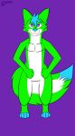  2019 3_fingers 4_toes absurd_res anthro blue_hair blue_nose blue_tail brisky~ canid digital_media_(artwork) digitigrade dipstick_tail fur green_ears green_fur green_tail hair hi_res long_tail looking_at_viewer male mammal multicolored_fur multicolored_tail pecs purple_background purple_eyes short_hair simple_background solo standing tan_fur tan_tail toeless_(marking) toes 
