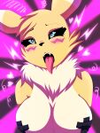  2024 3:4 absurd_res ahegao anthro aquakey bandai_namco big_breasts black_sclera blue_eyes blush bodily_fluids breasts canid canine clothed clothing digimon digimon_(species) digital_media_(artwork) female fox fur hair hi_res looking_pleasured mammal nintendo nipples open_mouth renamon simple_background solo tongue tongue_out true_fox white_body white_fur yellow_body yellow_fur 