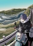 1girl absurdres afro_(kngotezo) black_jacket black_pants blue_hair boots brown_footwear brown_gloves commentary_request day gloves highres jacket outdoors pants purple_eyes riding river road shima_rin short_hair solo yamaha_vino yurucamp 