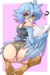  1girl ? absurdres ahoge anus anus_peek ass bare_shoulders bird_legs black_tank_top blue_feathers blue_hair blue_wings blush book brown_eyes commentary english_commentary feathered_wings feathers hair_between_eyes harpy highres holding holding_book littlepengo looking_at_viewer looking_back monster_girl monster_musume_no_iru_nichijou open_mouth papi_(monster_musume) partially_visible_vulva pink_background scales short_hair shorts solo talons tank_top twitter_username two-tone_eyes winged_arms wings yellow_eyes 