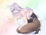  1girl animal_ears bare_shoulders black_footwear black_pantyhose egg english_text hakkai high_heels highres kantai_collection kneeling long_hair looking_at_viewer murakumo_(kancolle) pantyhose playboy_bunny purple_hair rabbit_ears rabbit_tail solo tail wrist_cuffs yellow_eyes 