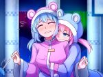  2girls animal_hood bangs blue_coat blue_eyes blue_hair blush breast_grab candy closed_eyes commentary covered_nipples english_commentary eyebrows_visible_through_hair food fur-trimmed_hood grabbing groping hand_under_clothes hood incest lollipop long_hair long_sleeves low_twintails multiple_girls nieve_(rabi_ribi) nixie_(rabi_ribi) pink_coat pink_hair rabi-ribi siblings sisters smirk speckticuls sweatdrop tears trembling twintails wide_sleeves yuri 