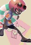  1boy afro animal_print black_footwear black_shorts blue_shirt dark-skinned_male dark_skin eyewear_on_head grin holding holding_swim_ring innertube koike3582 octoling octoling_boy octoling_player_character octopus_print outline pink_eyes pink_hair print_shirt red-framed_eyewear ringed_eyes sandals shirt short_hair short_sleeves shorts smile solo splatoon_(series) standing striped_innertube sunglasses swim_ring teeth v-shaped_eyebrows very_dark_skin white_outline 