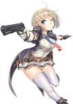  1girl ahoge american_flag american_flag_print bangs belt blonde_hair blue_eyes blush breasts dual_wielding eyebrows_visible_through_hair flag_print girls_frontline gloves gun handgun highres holding holding_gun holding_weapon jacket m1911 m1911_(girls_frontline) necktie one_eye_closed open_mouth pleated_skirt short_hair simple_background skirt solo thighhighs v_r_dragon01 weapon white_background white_legwear 