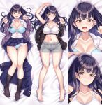  1girl arm_up ass_visible_through_thighs barefoot bed_sheet black_jacket black_socks blue_bra blue_hair blue_panties blue_skirt blush boku_no_kokoro_no_yabai_yatsu bra breasts breasts_apart brown_eyes cardigan closed_mouth collarbone cuddly_octopus dakimakura_(medium) dark_blue_hair feet full_body grey_shorts jacket large_breasts long_hair looking_at_viewer lying miniskirt mole mole_on_neck multiple_moles multiple_views navel on_back open_clothes open_jacket open_mouth panties pleated_skirt purple_cardigan school_uniform shorts skirt smile socks sports_bra suzu_miya thigh_gap underwear unworn_blazer white_sports_bra yamada_anna 